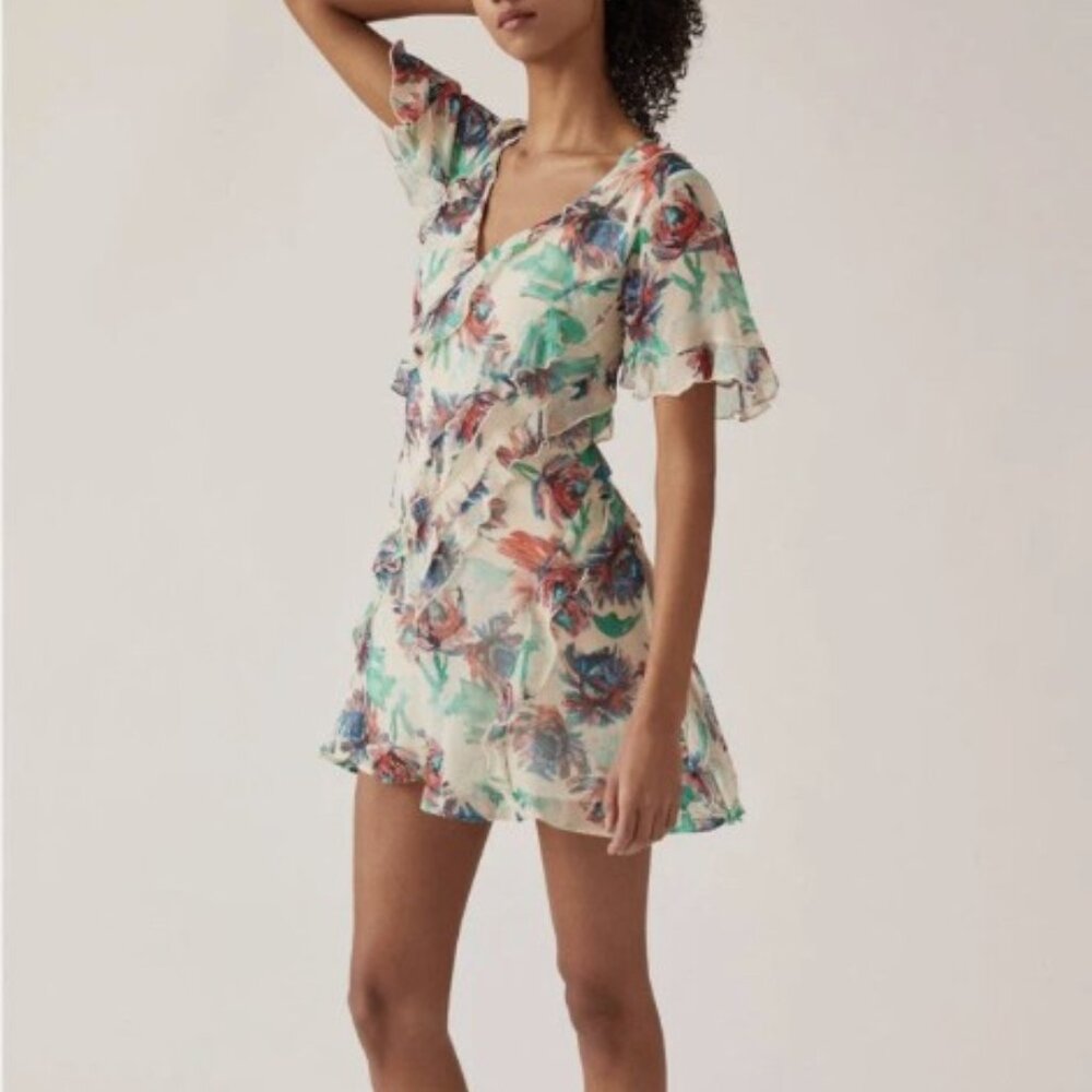 Anthropologie Strappy Watercolor Ruffle Mini Dress Sz S